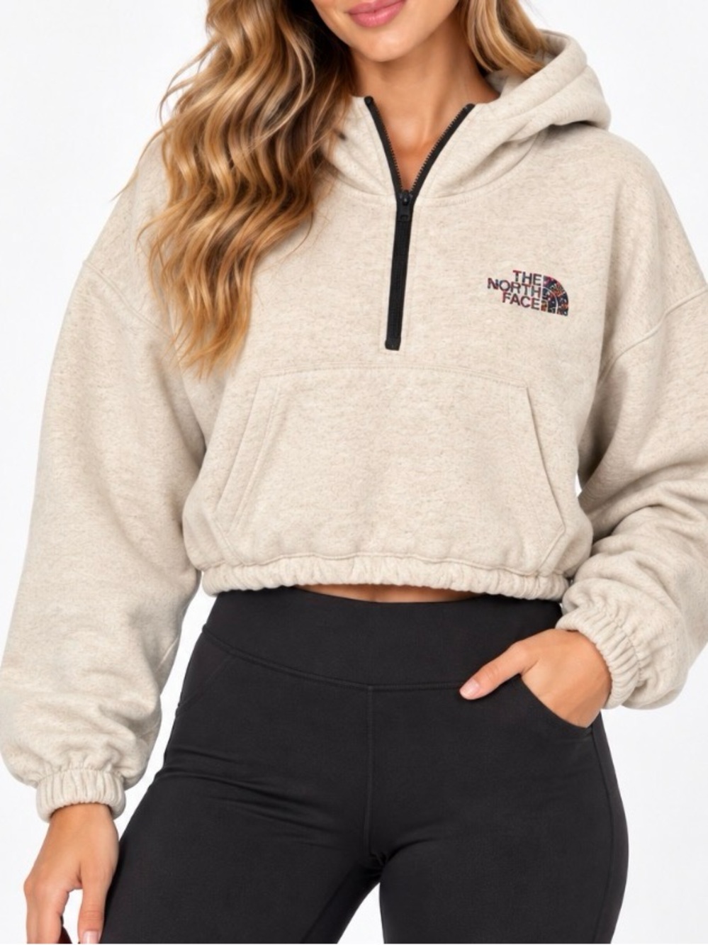 The North Face Tan Beige quarter-Zip Hoodie Pullover cropped SZ XL sweatshirt